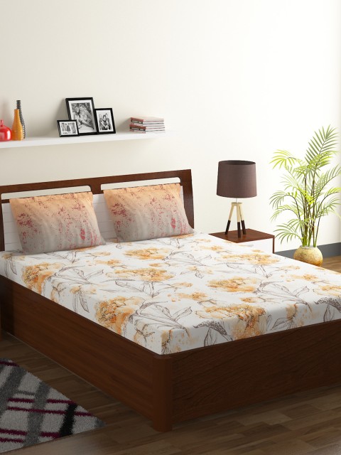 

BOMBAY DYEING White & Orange Floral 104 TC Cotton 1 Queen Bedsheet with 2 Pillow Covers
