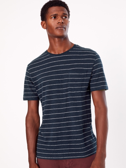 

Marks & Spencer Men Navy Blue & White Striped Linen Blend Round Neck T-shirt