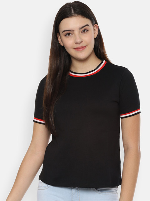 

People Women Black Solid Round Neck T-shirt