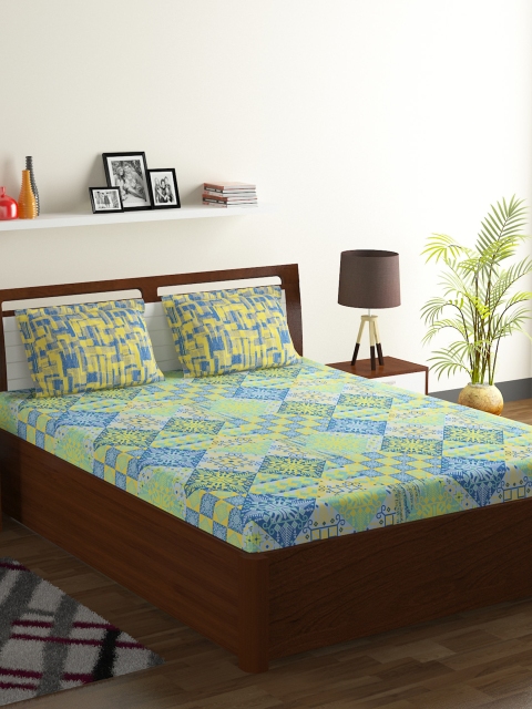 

BOMBAY DYEING Yellow & Green Ethnic Motifs 104 TC Cotton 1 Queen Bedsheet with 2 Pillow Covers