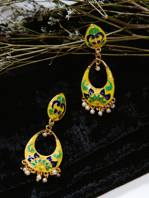 ZeroKaata Yellow & Green Meenakari Crescent Shaped Drop Earrings