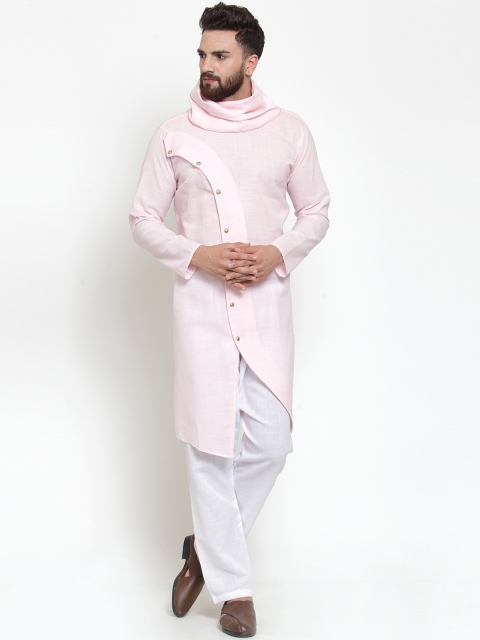 

TREEMODA Men Pink & White Solid Linen Kurta with Pyjamas