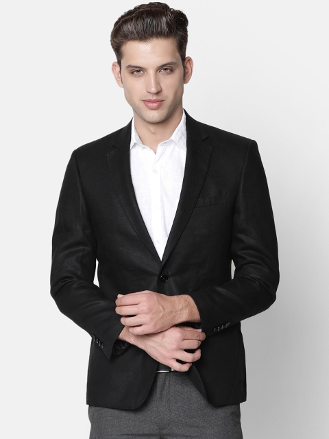 

Linen Club Men Black Solid Linen Single-Breasted Formal Blazer