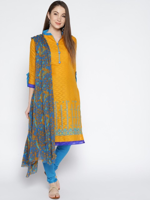 

mf Mustard & Blue Silk Blend Unstitched Dress Material