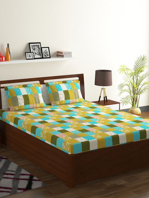 

BOMBAY DYEING Yellow & Green Abstract 104 TC Cotton 1 Queen Bedsheet with 2 Pillow Covers