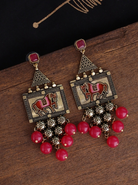 

Voylla Gold-Toned & Red Contemporary Handcrafted Drop Earrings