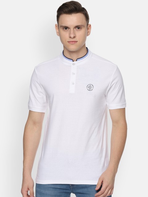 

People Men White Striped Mandarin Collar T-shirt