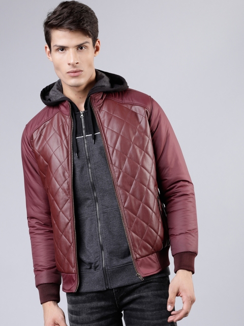 Men Burgundy Solid Jacket