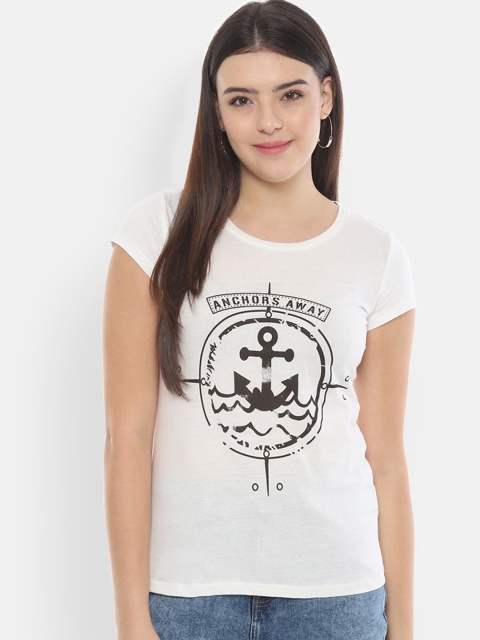 

People Women White Printed Round Neck T-shirt