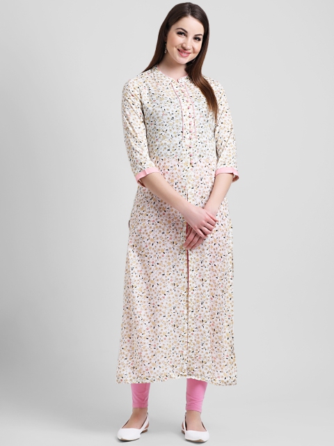 

Aayna Women Off-White & Beige Floral Printed Straight Kurta
