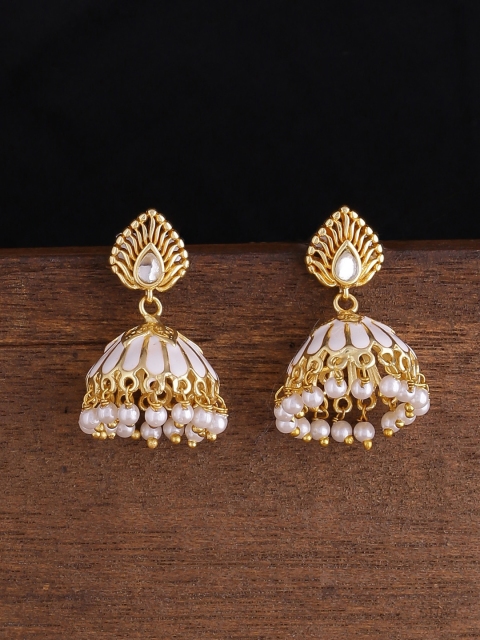 

Voylla Gold-Toned & White Dome Shaped Enamelled Jhumkas