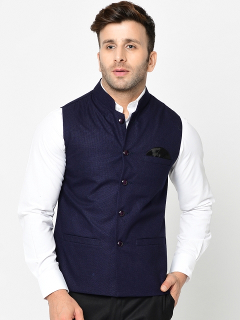

TAG 7 Men Navy Blue Solid Nehru Jacket