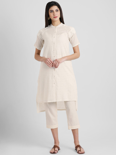 

Aayna Women Cream-Coloured Checked Straight Kurta