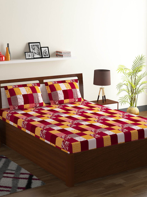 

BOMBAY DYEING Brown & Yellow Abstract 104 TC Cotton 1 Queen Bedsheet with 2 Pillow Covers
