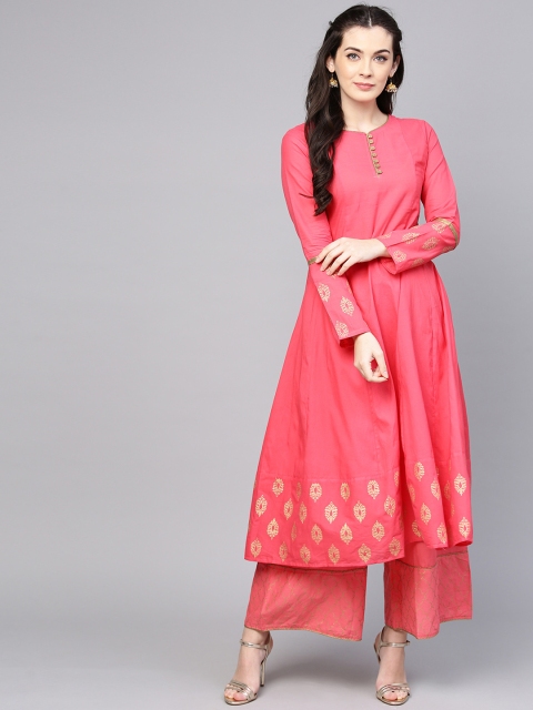 

Bhama Couture Women Peach-Coloured Foil Printed Kurta with Palazzos