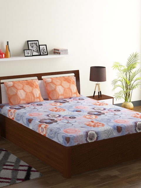

BOMBAY DYEING Orange & Blue Floral 104 TC Cotton 1 Queen Bedsheet with 2 Pillow Covers