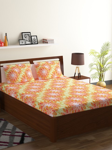 

BOMBAY DYEING Orange Floral 120 TC Cotton 1 King Bedsheet with 2 Pillow Covers