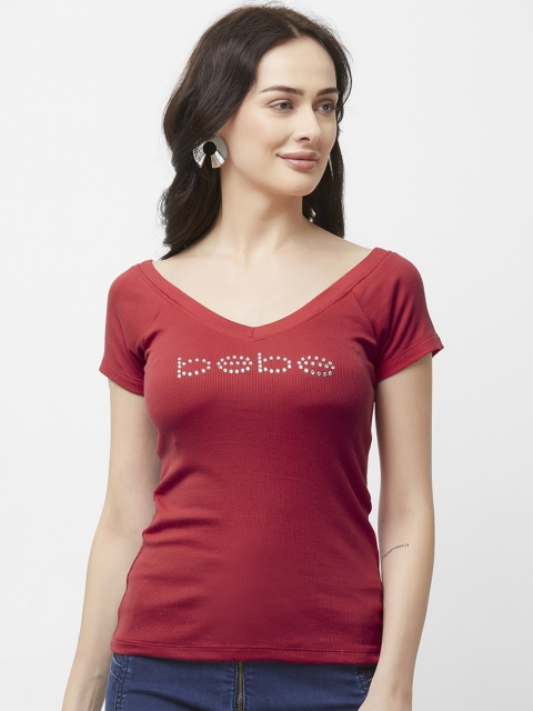 

bebe Women Red Printed V-Neck T-shirt