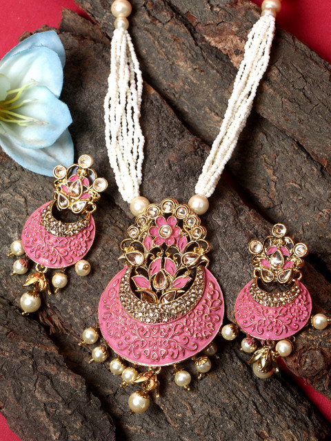 

ANIKAS CREATION Women Gold-Plated Pink & White Stone Studded Pearl Temple Jewellery Set