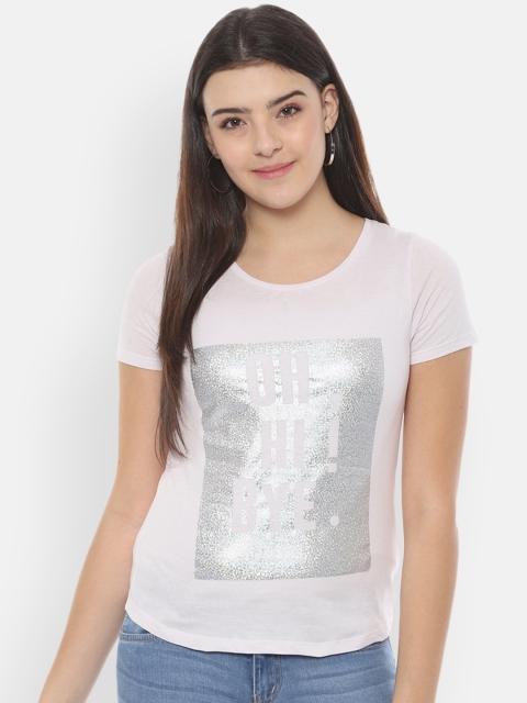 

People Women White Printed Round Neck T-shirt