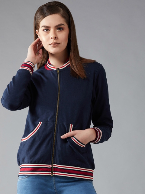 

DOLCE CRUDO Women Navy Blue Solid Bomber Jacket