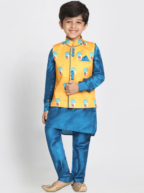 

JBN Creation Boys Turquoise Blue & Orange Solid Kurta Set