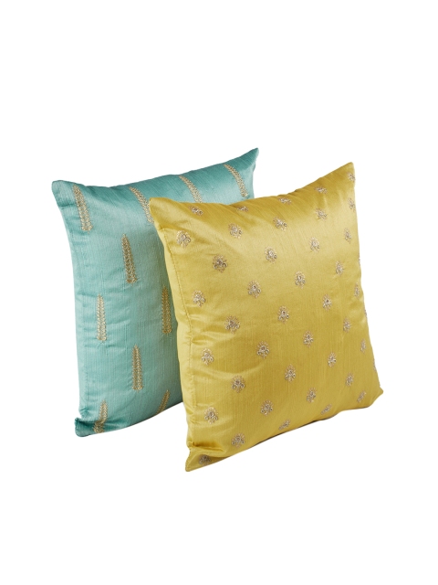 

HomeTown Blue & Gold-Toned Set of 2 Embroidered Square Cushion Covers