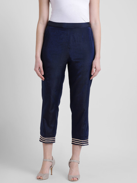 

Aayna Women Navy Blue Comfort Regular Fit Striped Regular Trousers