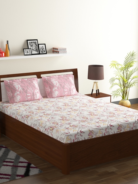 

BOMBAY DYEING Peach-Coloured & Off-White Floral 104 TC Cotton 1 Queen Bedsheet with 2 Pillow Covers