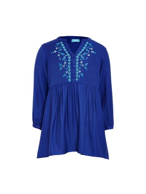 

Miyo Girls Blue Self Design Fit and Flare Dress