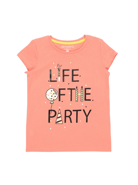 

Pantaloons Junior Girls Peach-Coloured Printed Round Neck Pure Cotton T-shirt