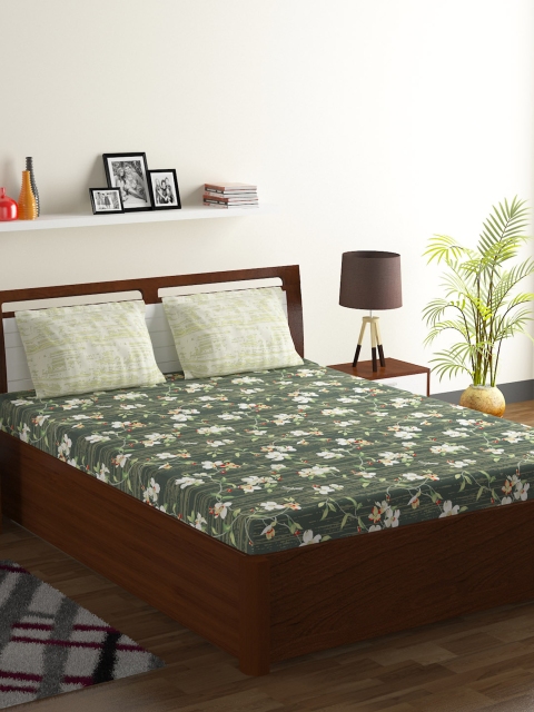 

BOMBAY DYEING Olive Green & White Floral 104 TC Cotton 1 Queen Bedsheet with 2 Pillow Covers