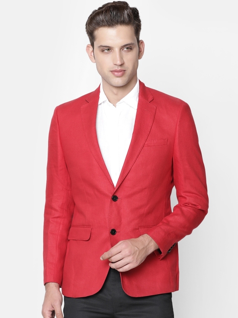 

Linen Club Men Red Solid Linen Single-Breasted Formal Blazer