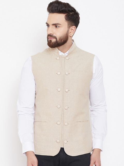 

Hypernation Men Beige Single-Breasted Pure Cotton Waistcoat