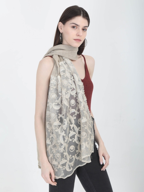 FabSeasons Women Beige Embroidered Scarf