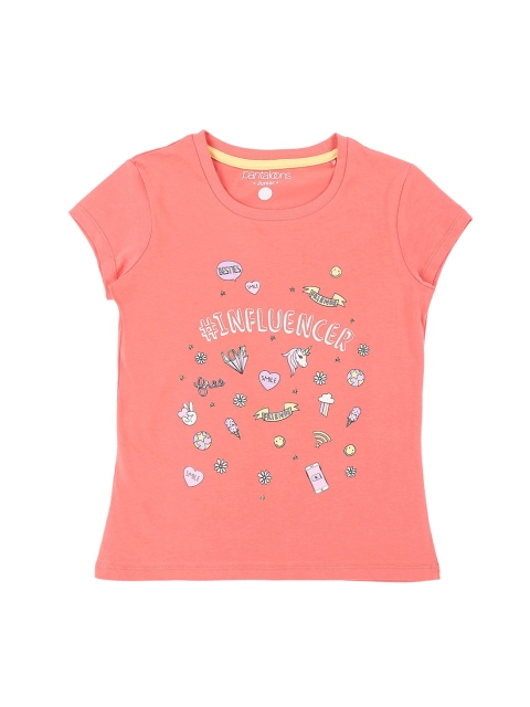 

Pantaloons Junior Girls Peach-Coloured Printed Round Neck Pure Cotton T-shirt