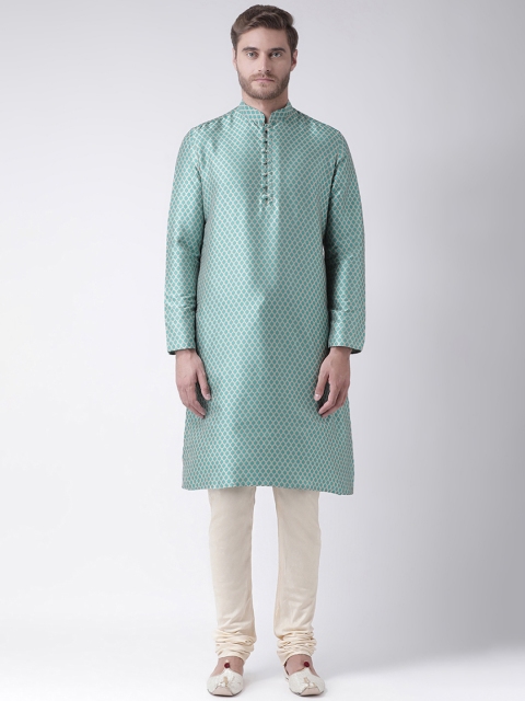 

DEYANN Men Blue & Cream-Coloured Self Design Kurta with Churidar