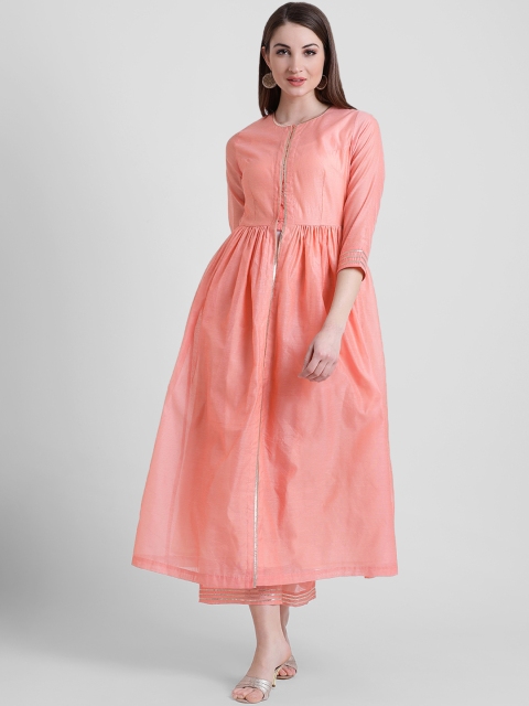 

Aayna Women Peach-Coloured Solid Gota Lace A-Line Kurta