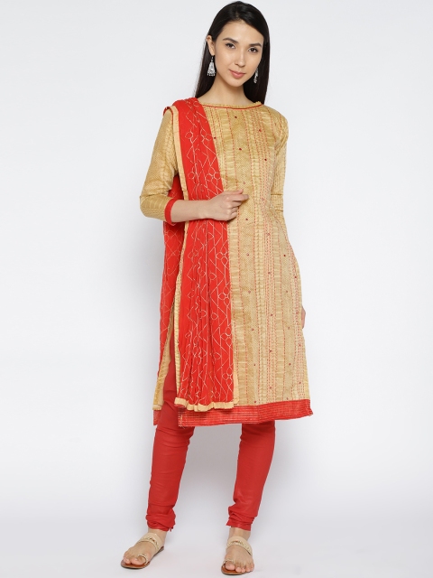 

mf Gold-Toned & Red Silk Blend Unstitched Dress Material