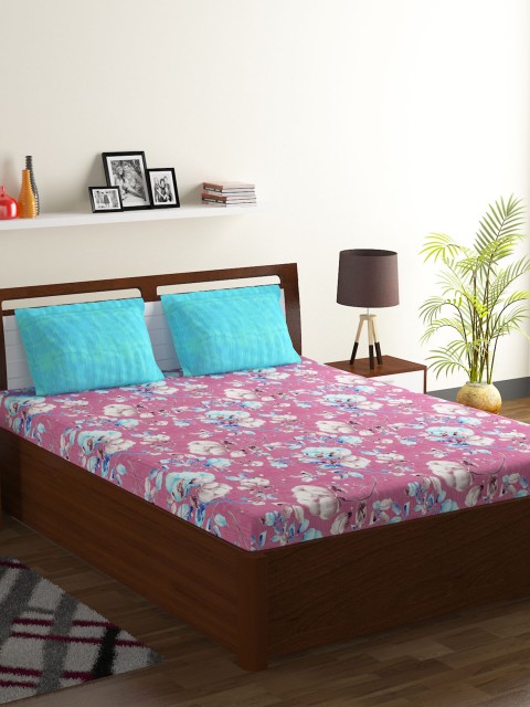 

BOMBAY DYEING Coral Red & Blue Floral 104 TC Cotton 1 Queen Bedsheet with 2 Pillow Covers