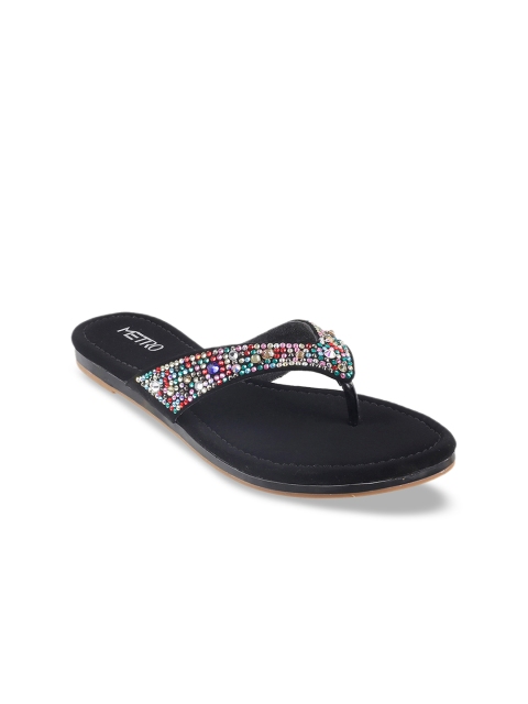 Metro Women Black Embellished Open Toe Flats