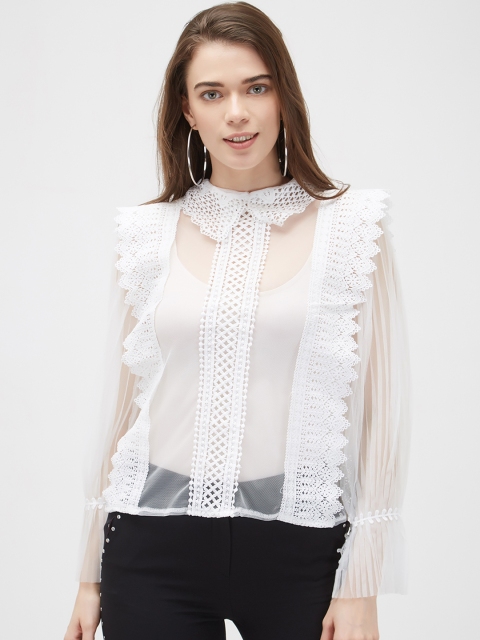 

bebe Women White Self Design Sheer Lace Top