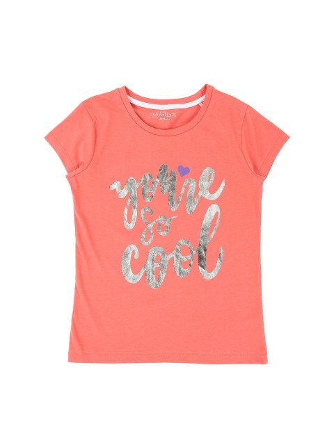 

Pantaloons Junior Girls Peach-Coloured Printed Round Neck Pure Cotton T-shirt