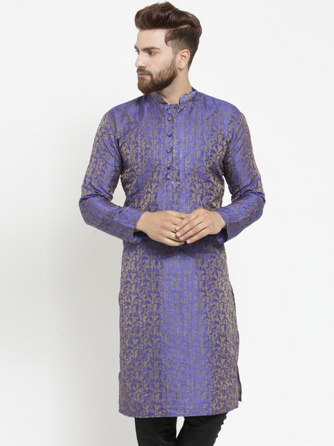 

Jompers Men Blue Woven Design Jacquard Straight Kurta