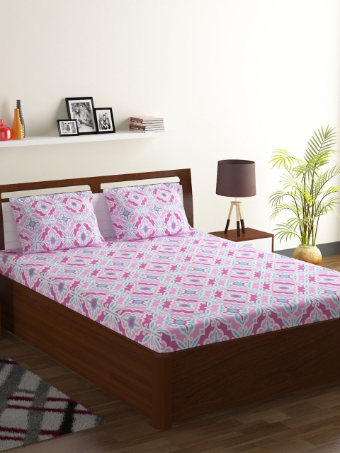 

BOMBAY DYEING Pink & White Ethnic Motifs 104 TC Polycotton 1 Queen Bedsheet with 2 Pillow Covers