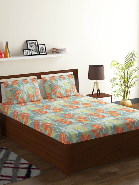 

BOMBAY DYEING Orange & Blue Floral 120 TC Cotton 1 King Bedsheet with 2 Pillow Covers
