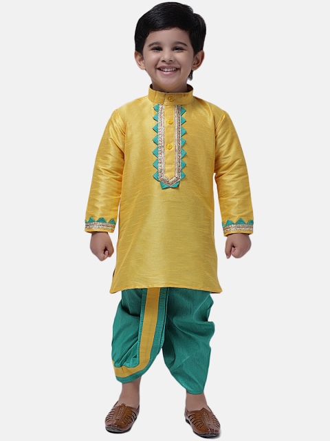 

BownBee Boys Yellow & Blue Solid Dupion Silk Kurta with Dhoti Pants