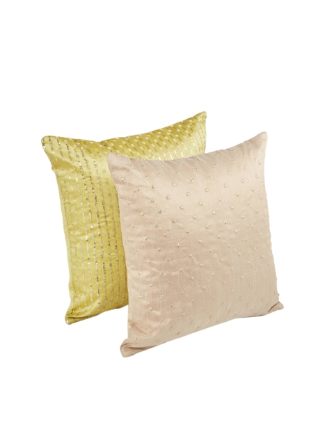 

Living Essence Green & Beige Set of 2 Embellished Square Cushion Covers