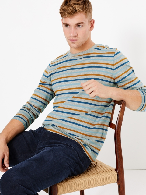 

Marks & Spencer Men Grey & Blue Striped Round Neck T-shirt