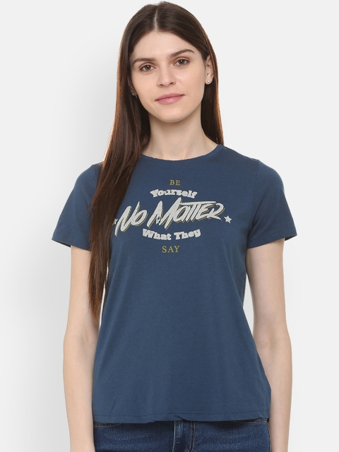 

People Women Blue Printed Round Neck T-shirt